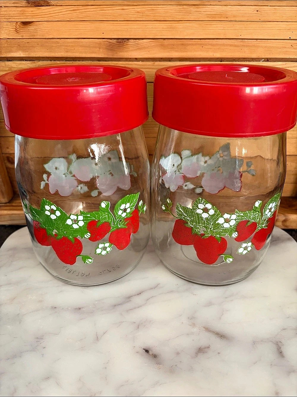 Carlton Vintage Strawberry Glass Canister with Red Plastic Lid Set of 2